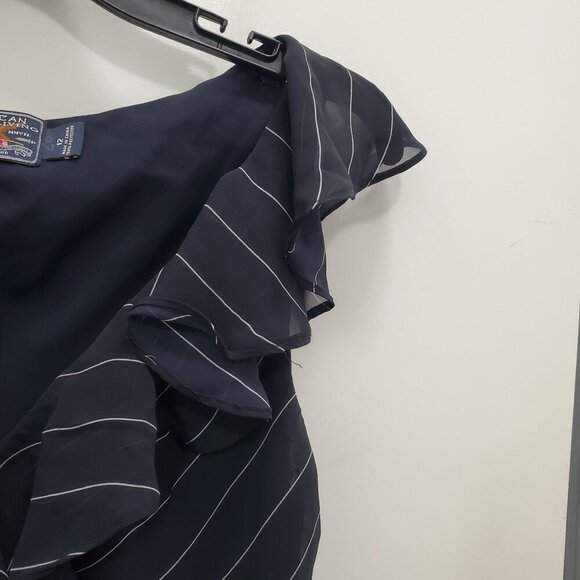 American Living Women's Navy White Pinstripe Ruffle Front Flutter Midi Dress 12 - Picture 3 of 5